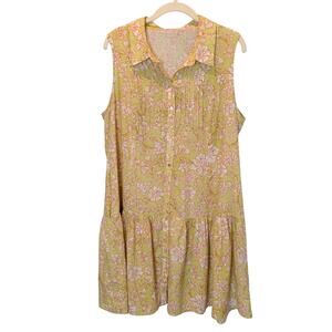 Maye Sz L Corinne Mini Button Up Shirt Dress Havana Yellow Cotton Sleeveless